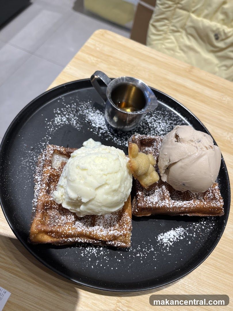 Waffle with Ice Cream and Syrup