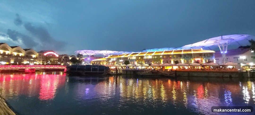Nighttime waterfront promenade