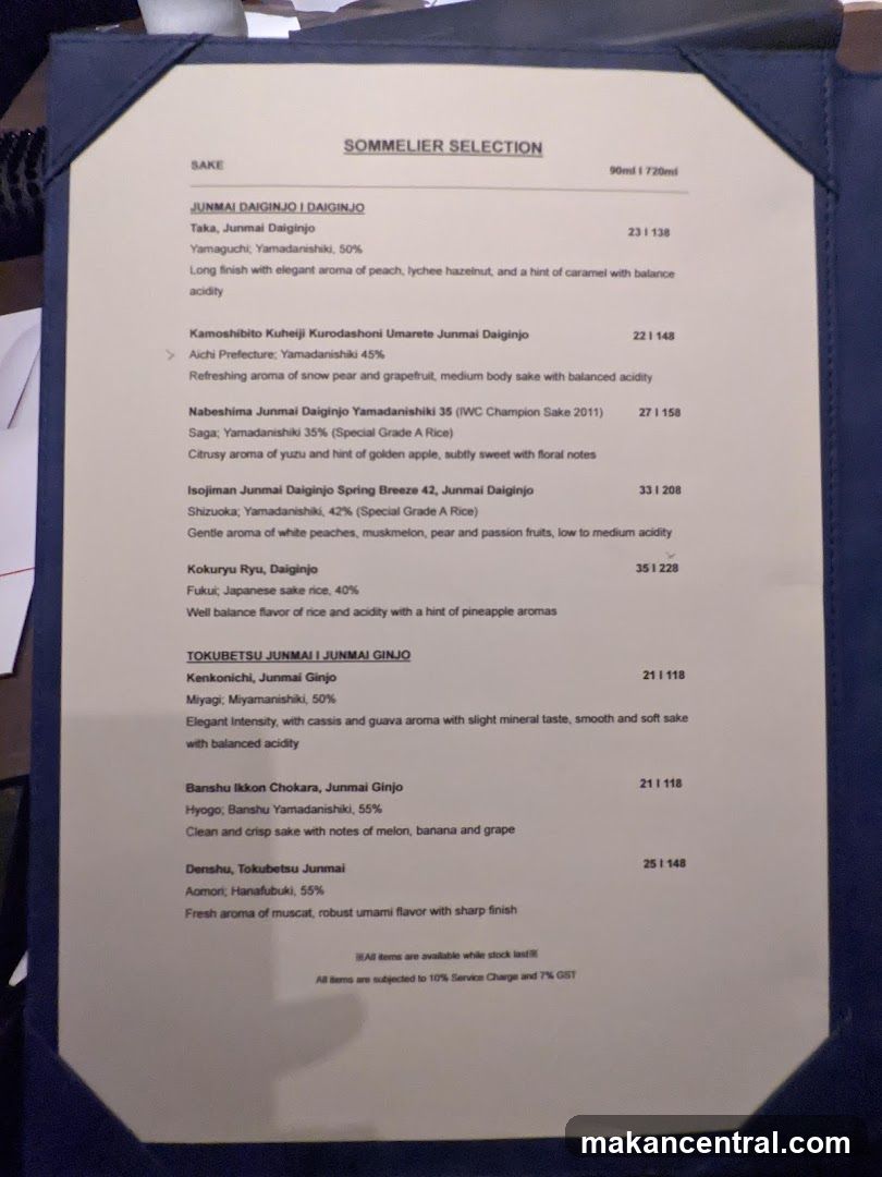 Sommelier Selection Sake Menu