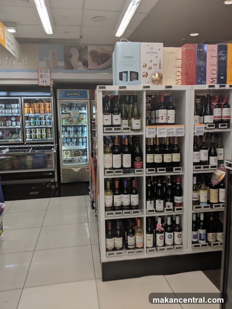 Wine and refrigerated food section in supermarket