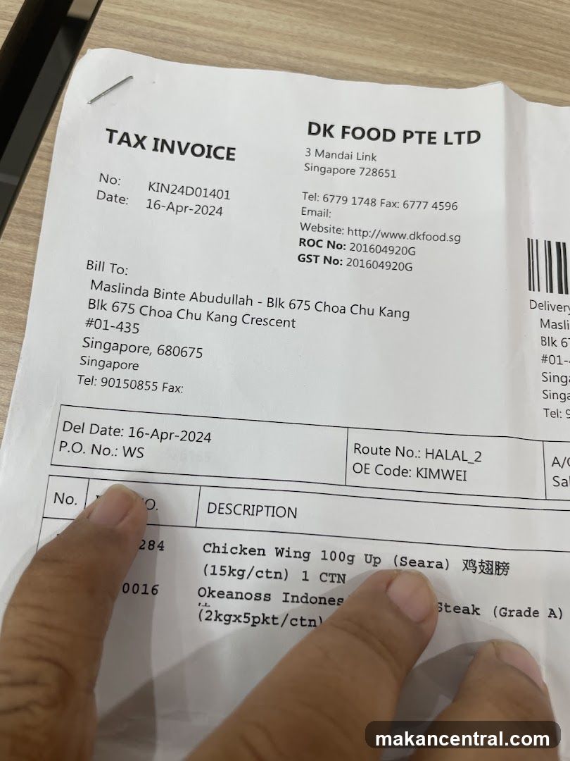 Tax Invoice from DK FOOD PTE LTD