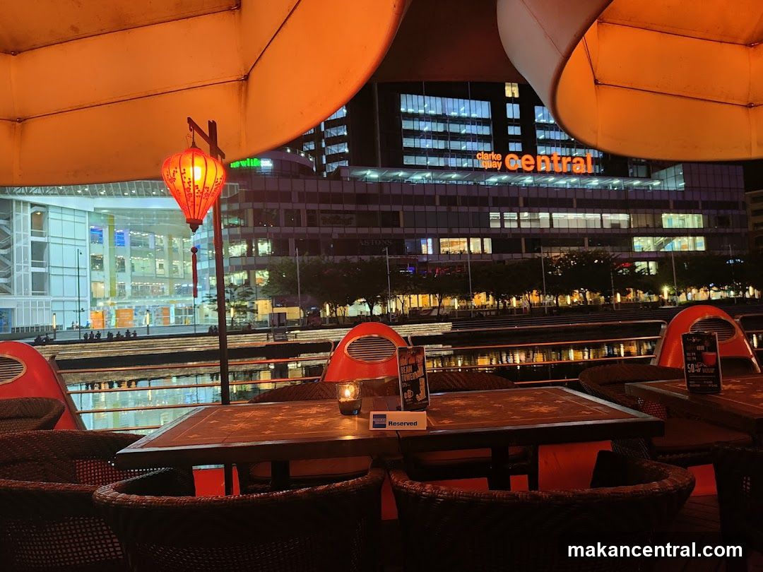 Outdoor seating area at night with city view
