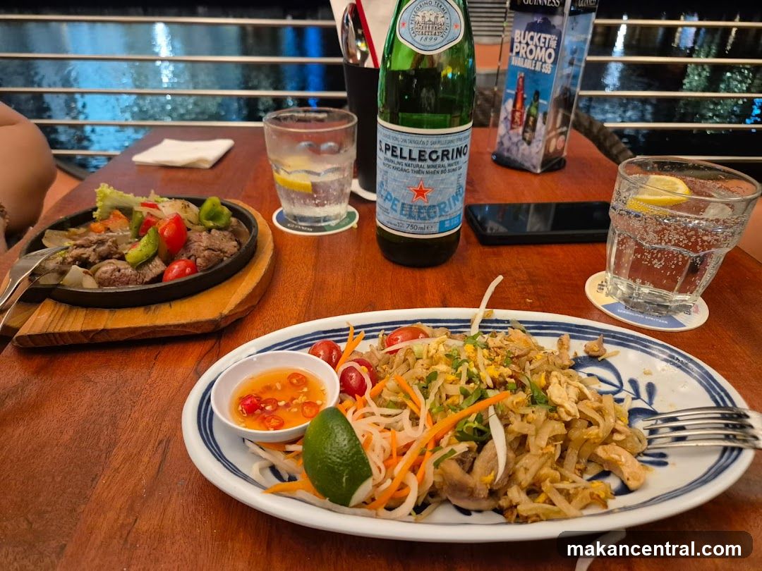 Dining table with food and drinks