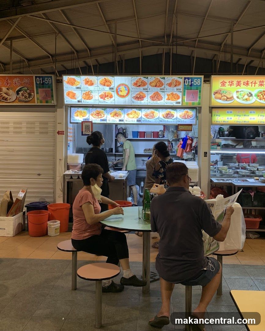 Food court interior with diners and vendors