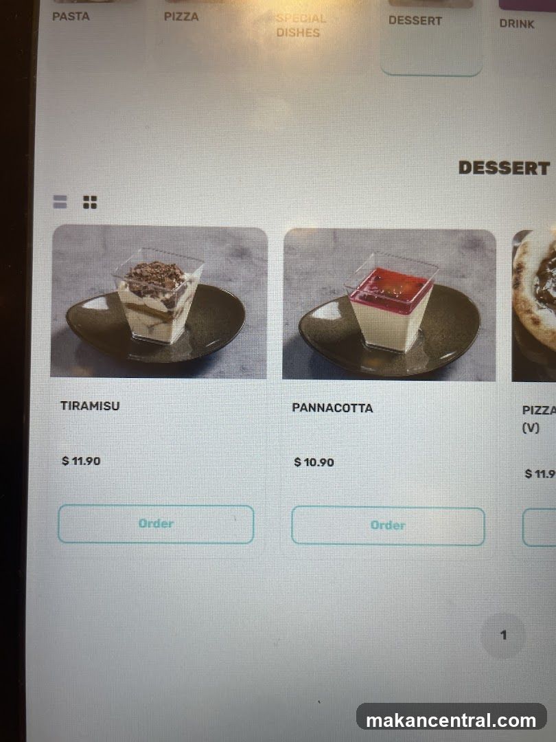 Dessert Section of Menu