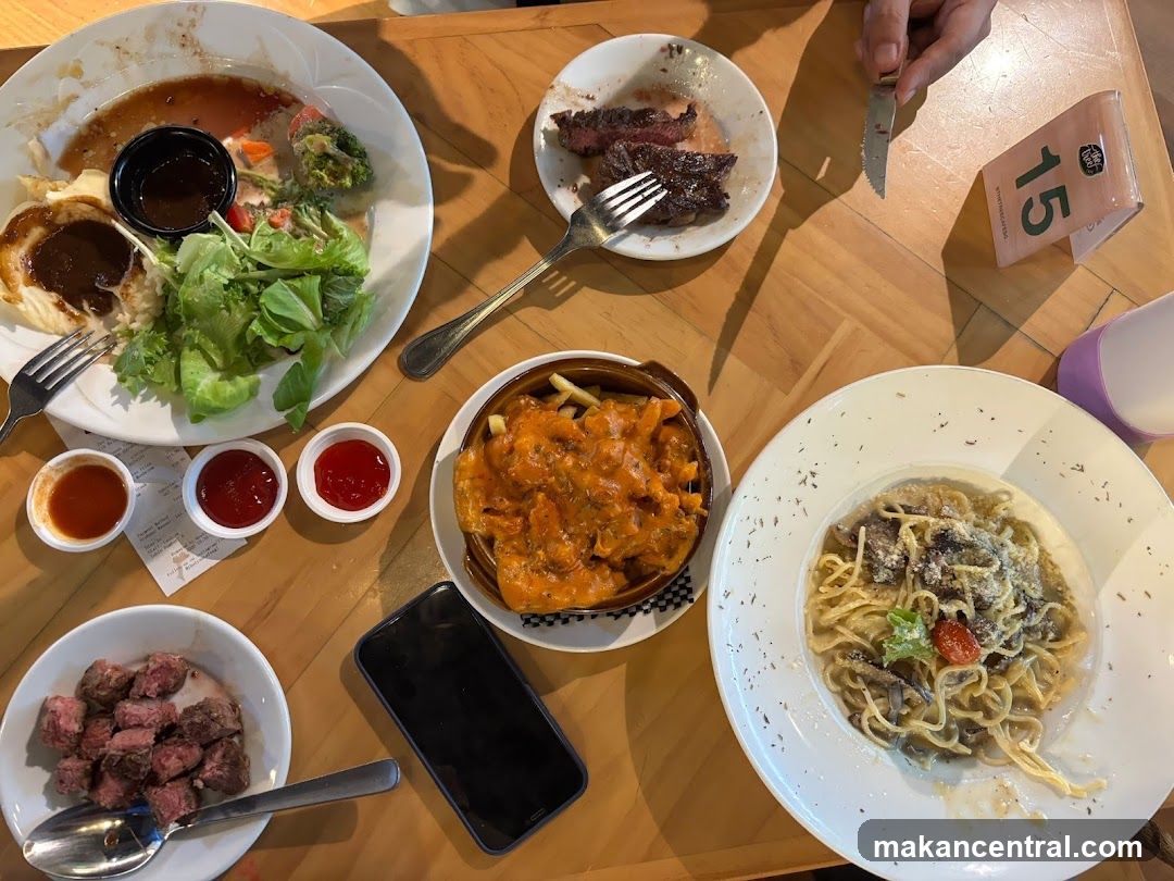 Dining table with food and utensils