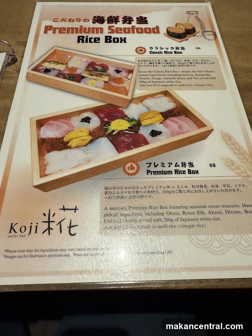 Koji Sushi Bar Premium Seafood Rice Box Menu