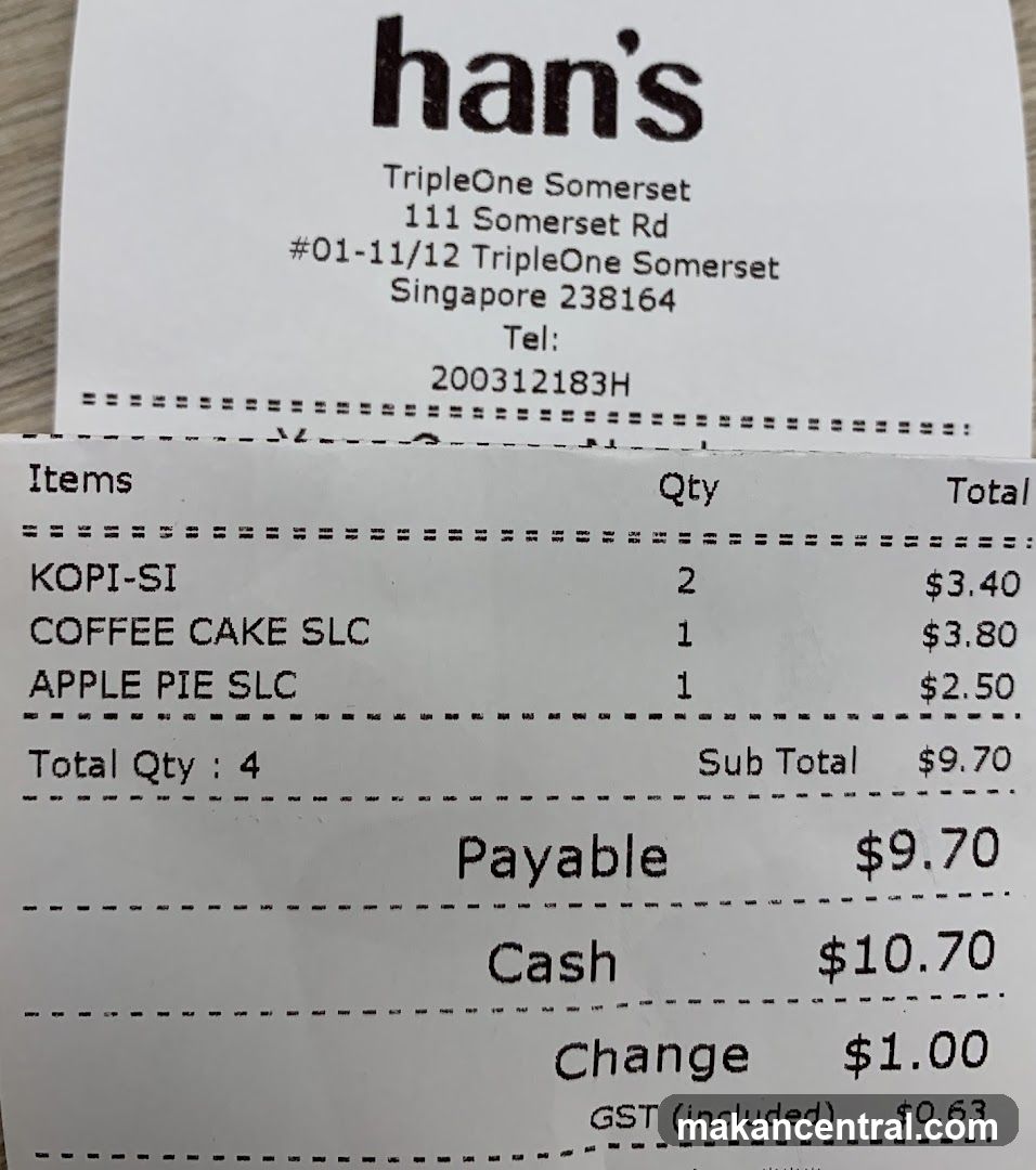 Receipt from han's at TripleOne Somerset