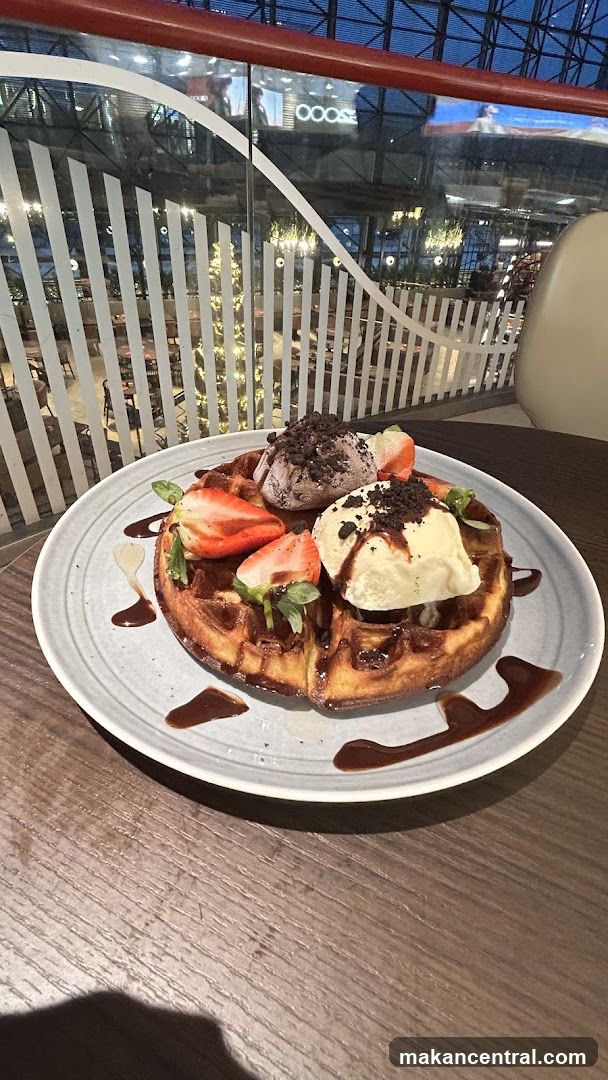 Waffle Dessert with Ice Cream and Strawberries