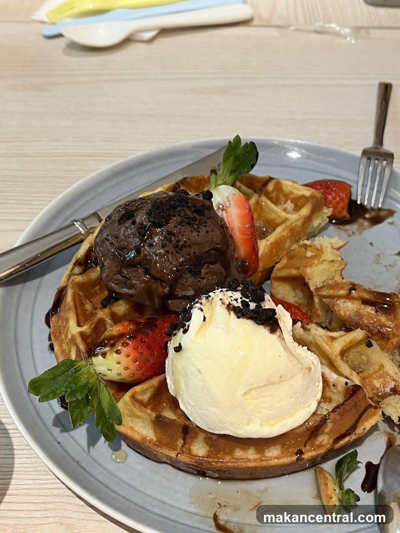 Waffle with Ice Cream and Strawberries