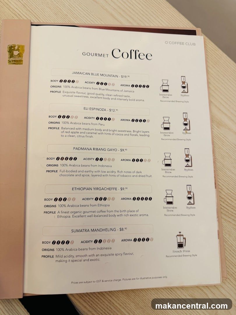 O Coffee Club Gourmet Coffee Menu