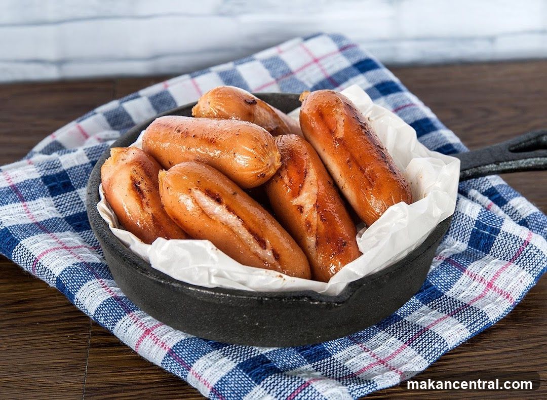 Grilled sausages in cast iron skillet