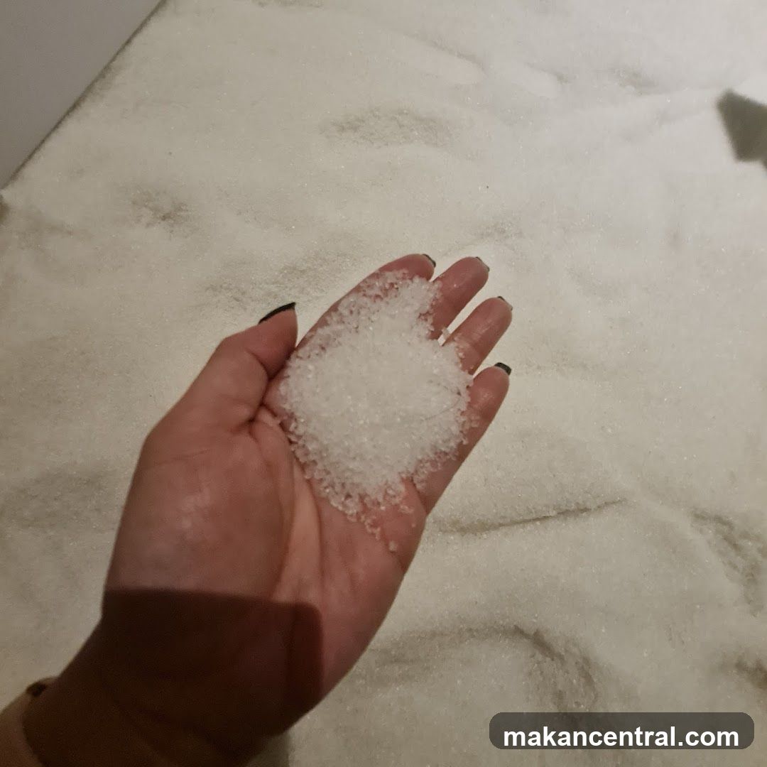 Hand holding sugar over sandy surface