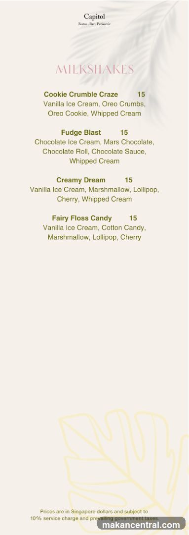Capitol Milkshakes Menu