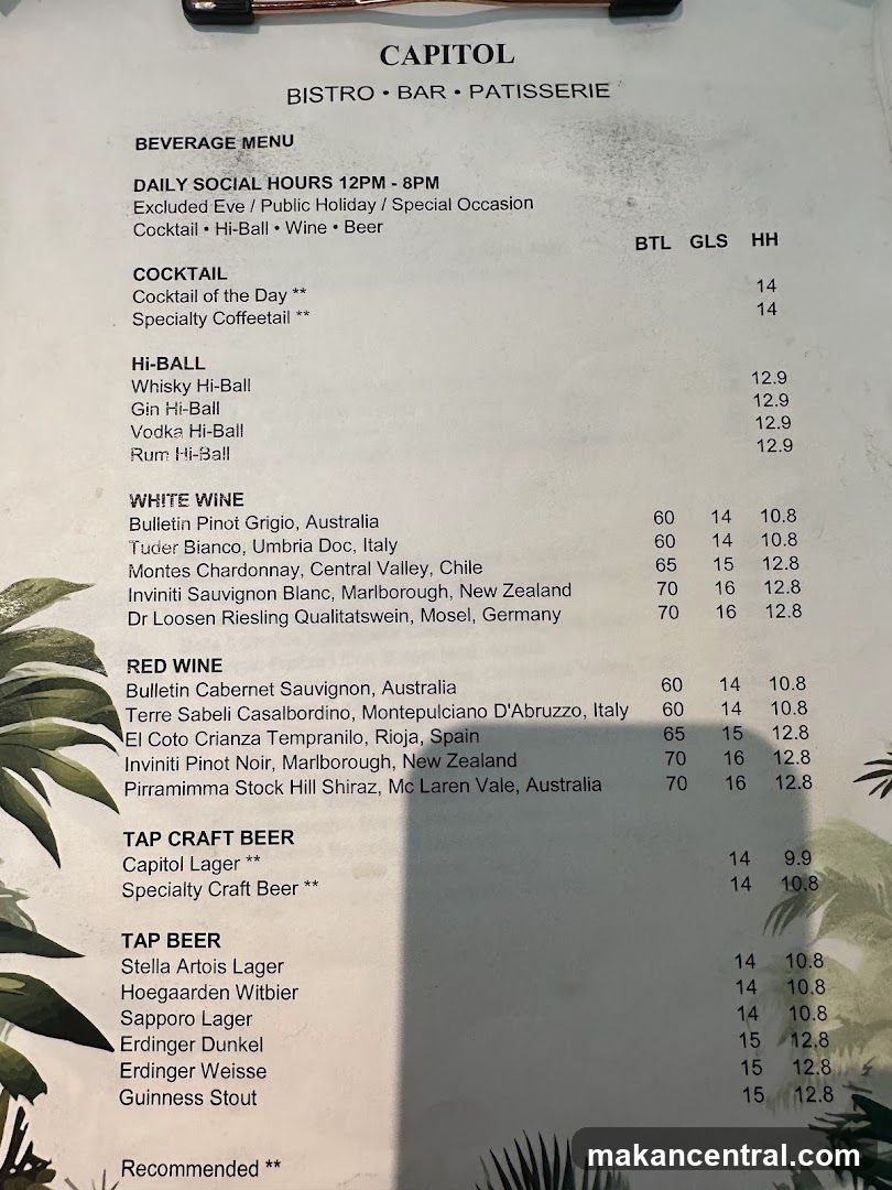 Capitol Bistro Bar Patisserie Menu