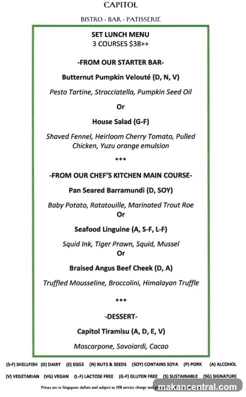 Capitol Bistro Bar Patisserie Set Lunch Menu