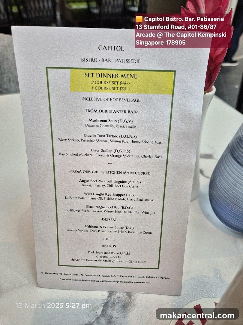 Capitol Bistro Bar Patisserie Set Dinner Menu