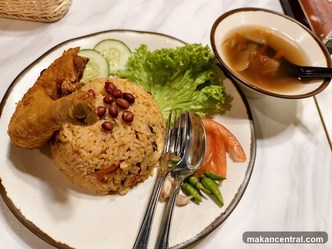 Food Plate with Rice, Chicken, Vegetables, and Soup