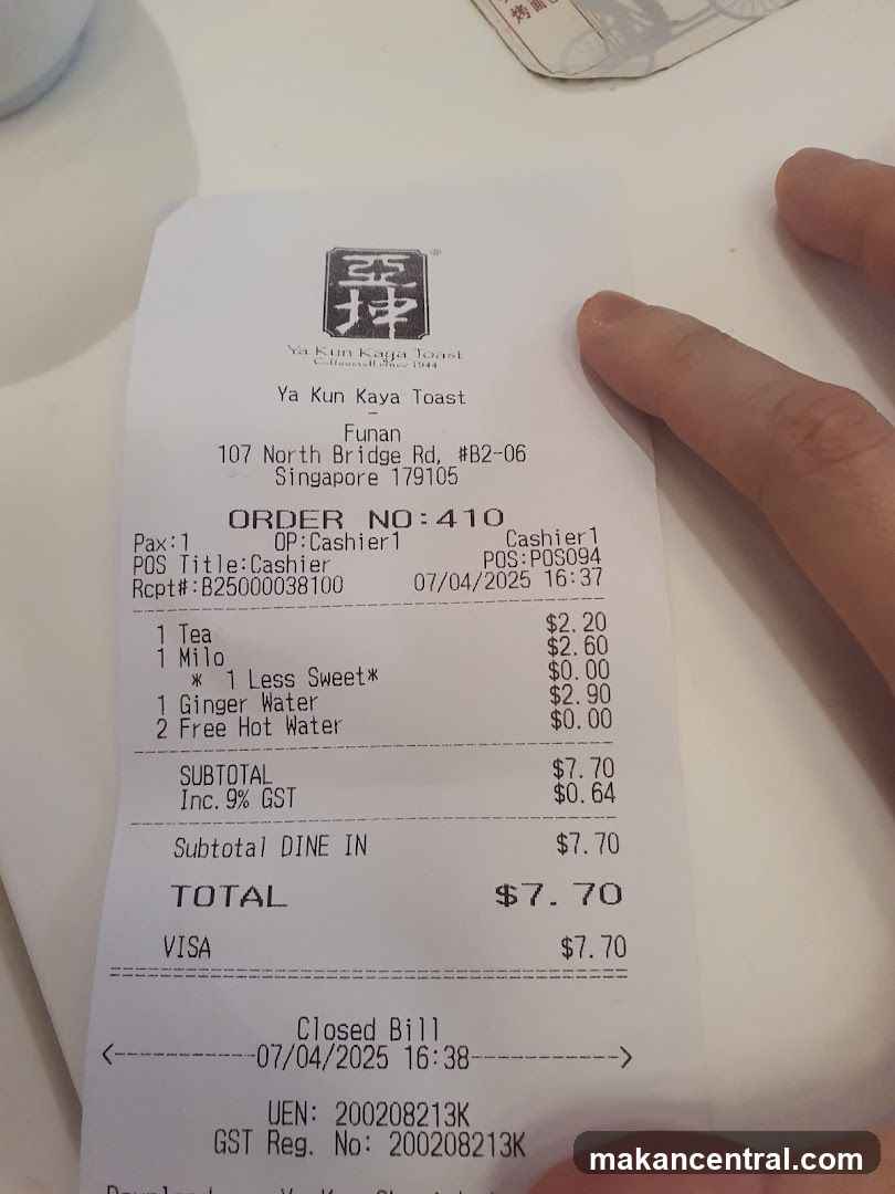 Receipt from Ya Kun Kaya Toast