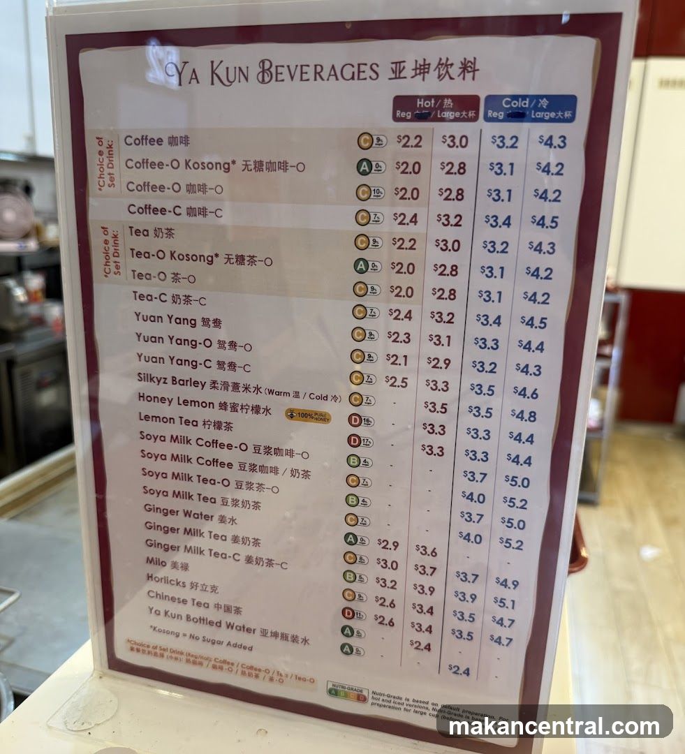 Ya Kun Beverages Menu