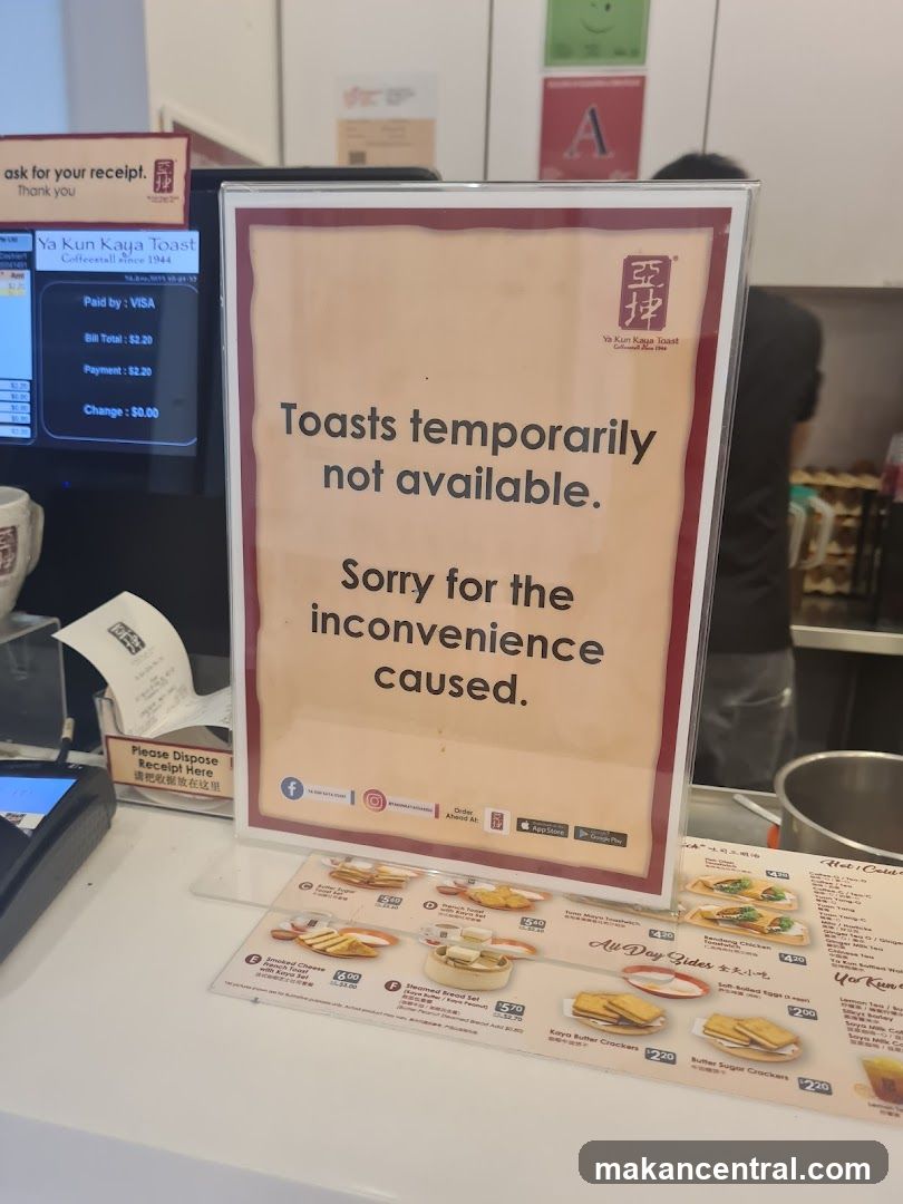 Ya Kun Kaya Toast Counter Notice