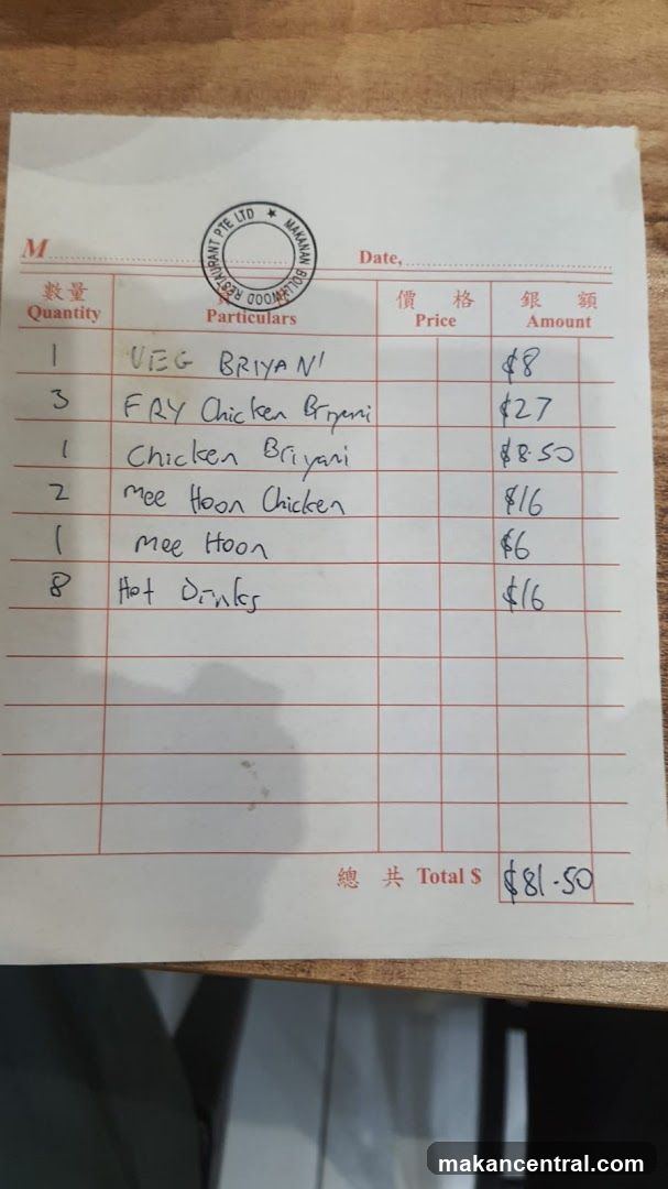 Receipt from a food establishment
