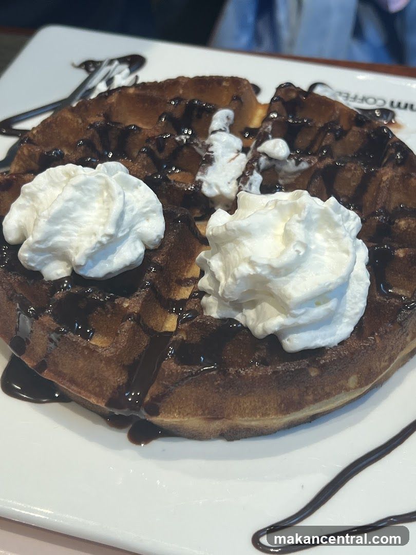Waffle with Whipped Cream and Chocolate Drizzle