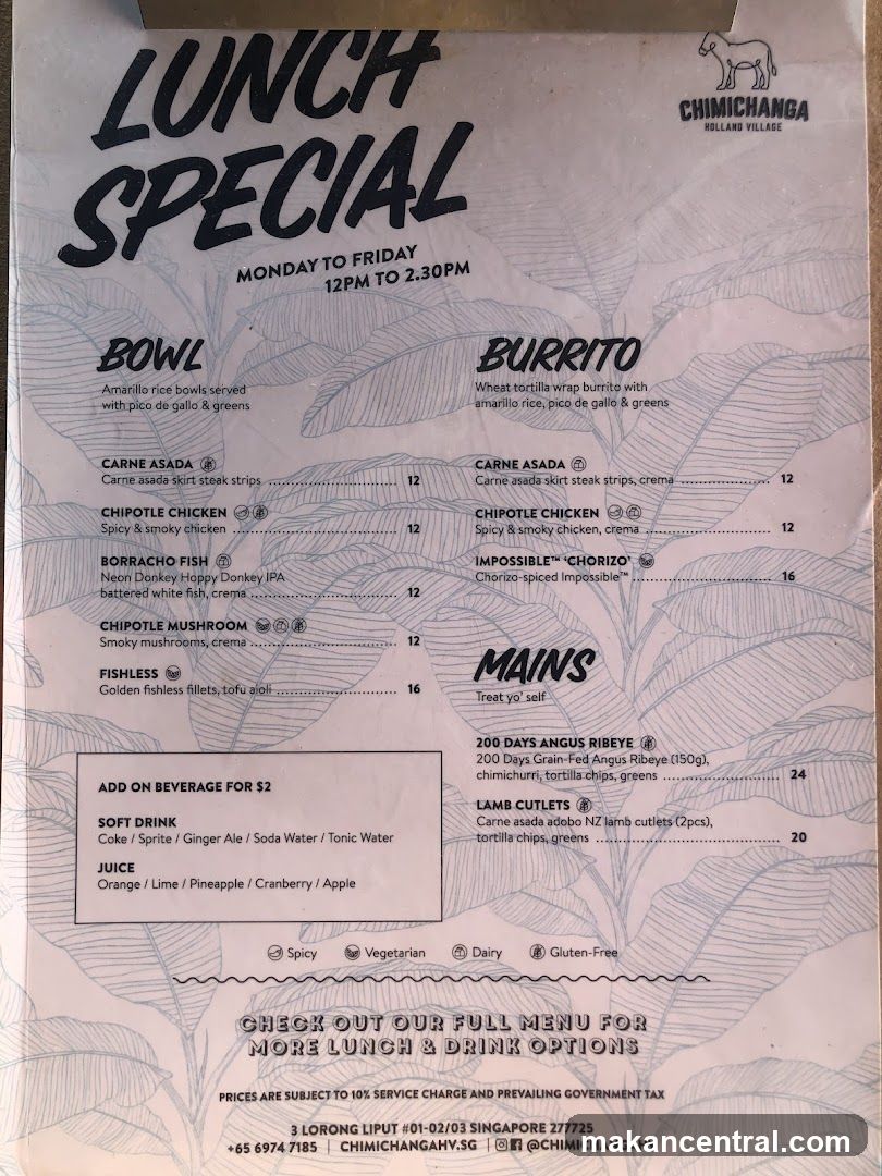 Lunch Special Menu at Chimichanga