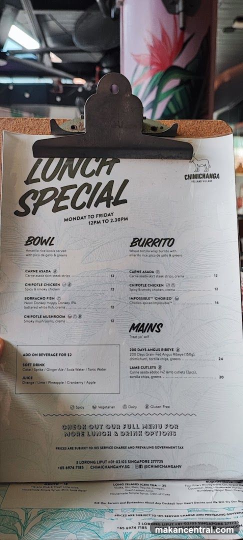 Lunch Special Menu at Chimichanga
