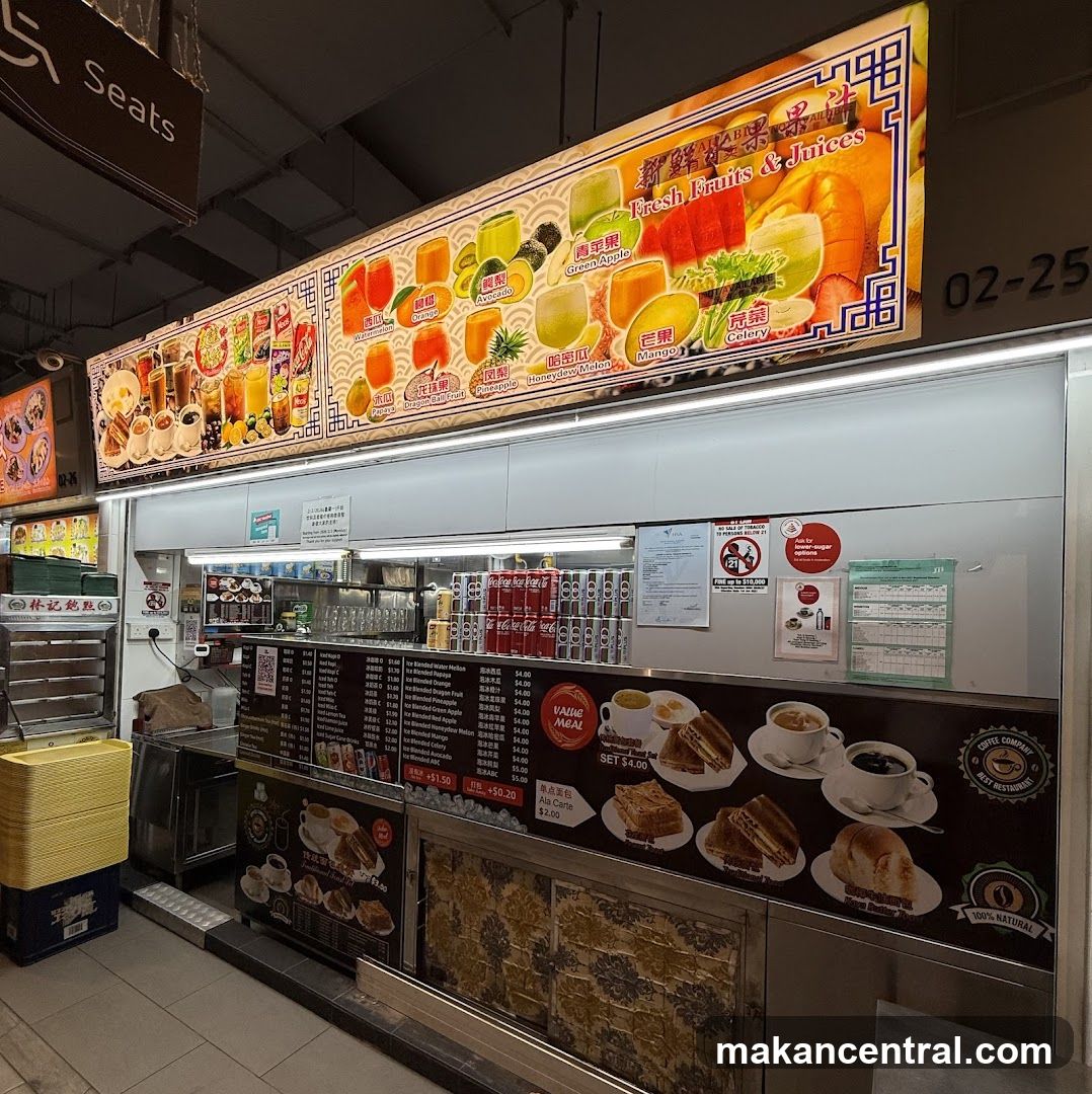 Food stall interior with fruit juice and coffee offerings