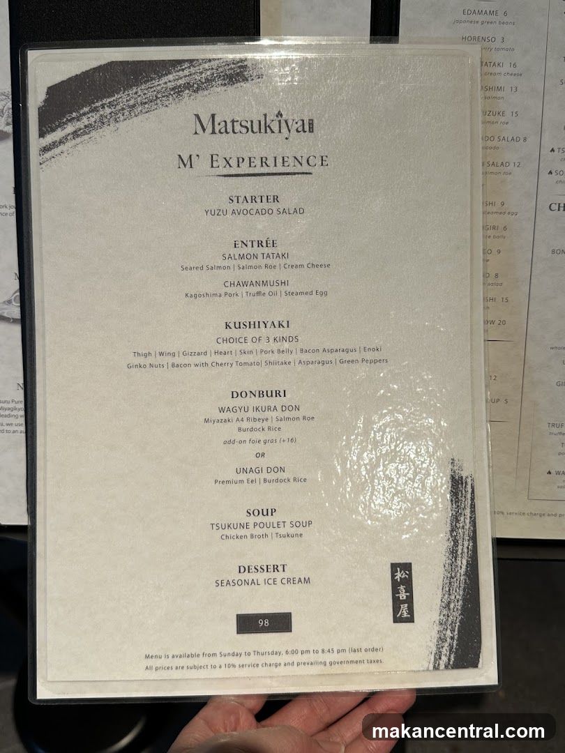 Matsukiya M' Experience Menu
