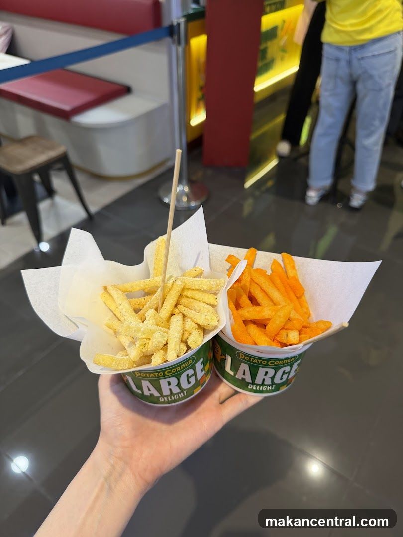 Hand holding two servings of fries from Potato Corner