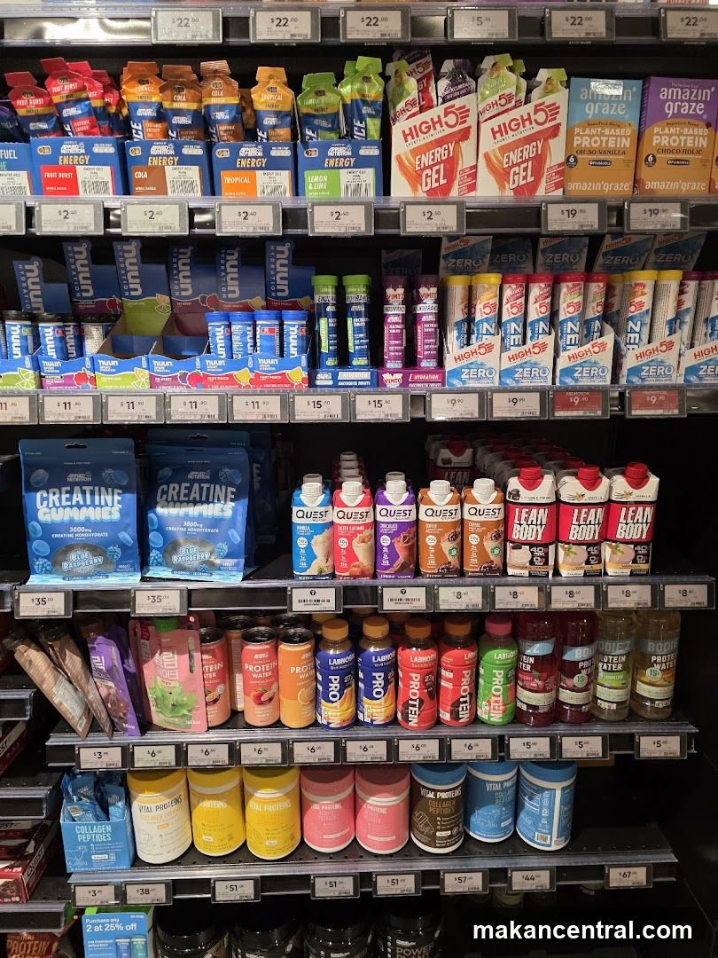 Supermarket aisle with health and fitness products