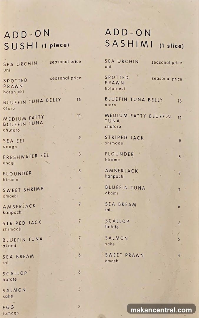 Add-On Sushi and Sashimi Menu