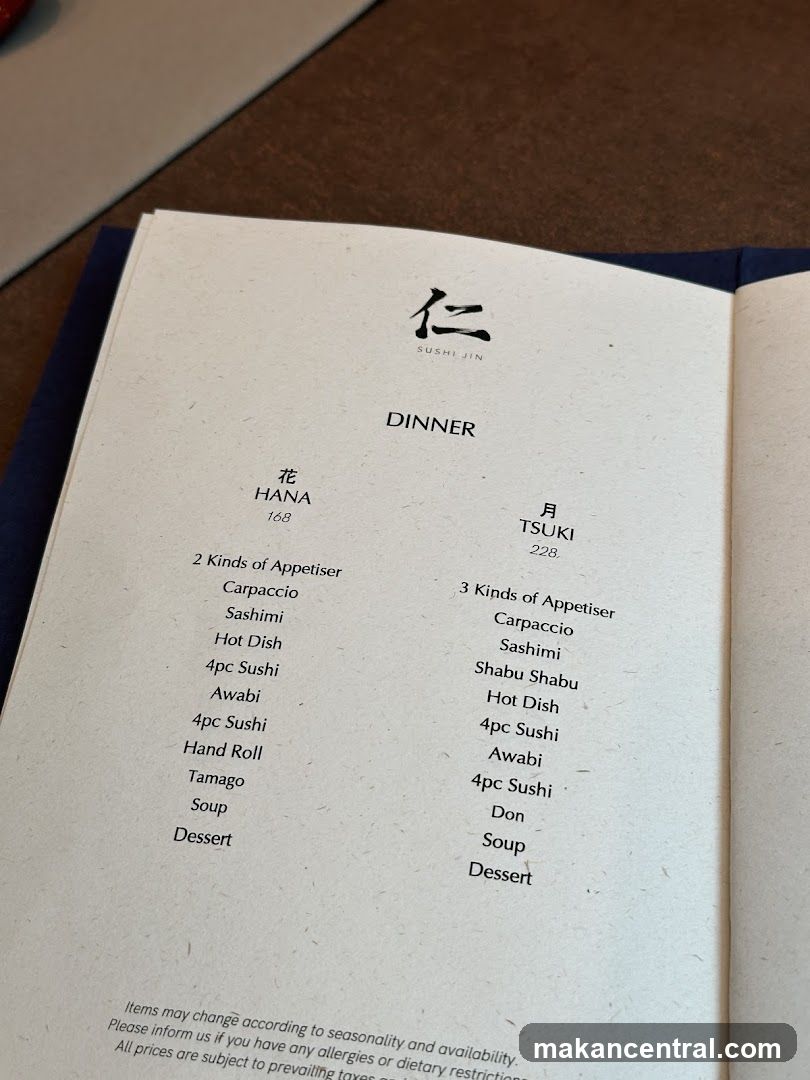 Sushi Jin Dinner Menu