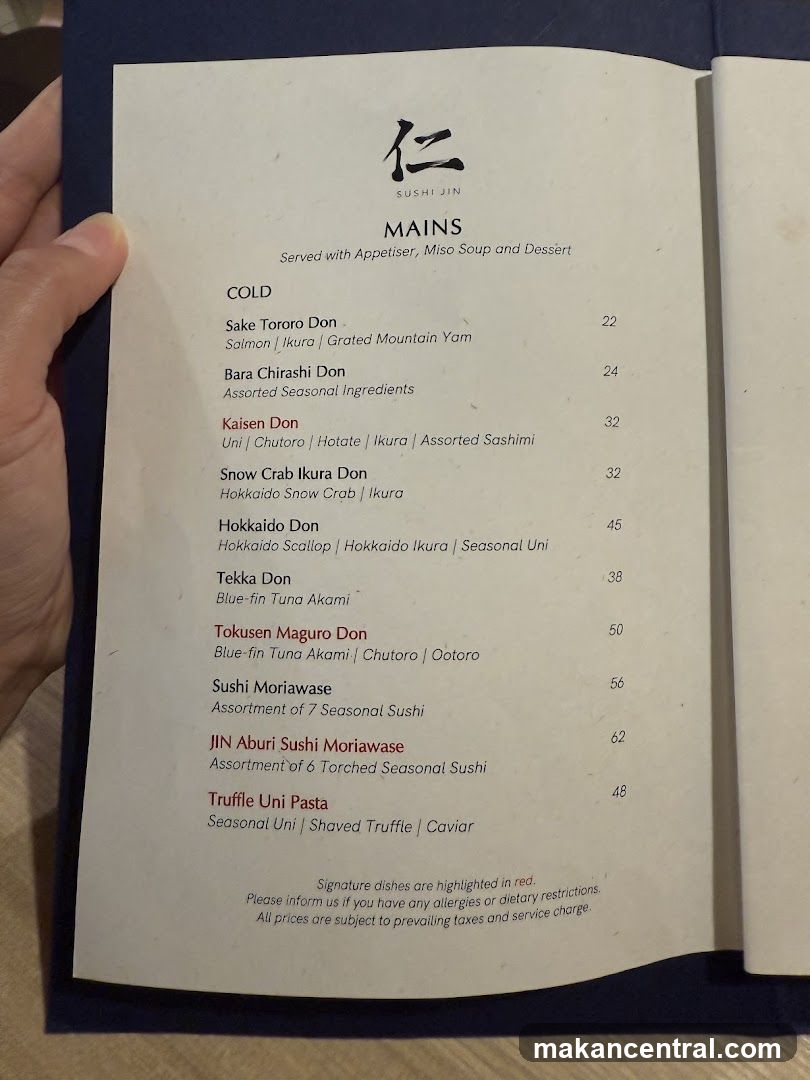 Sushi Jin Menu - Mains Section