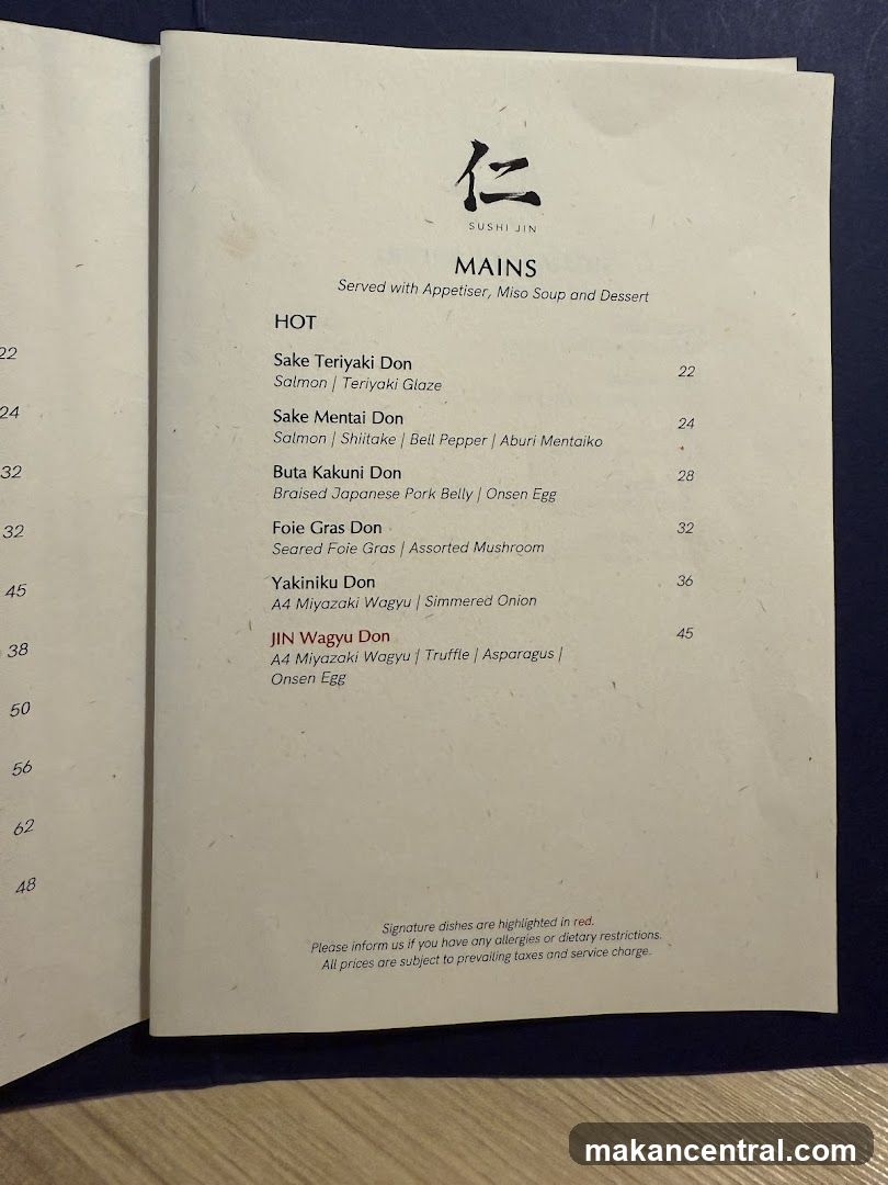 Sushi Jin Menu - Mains Section