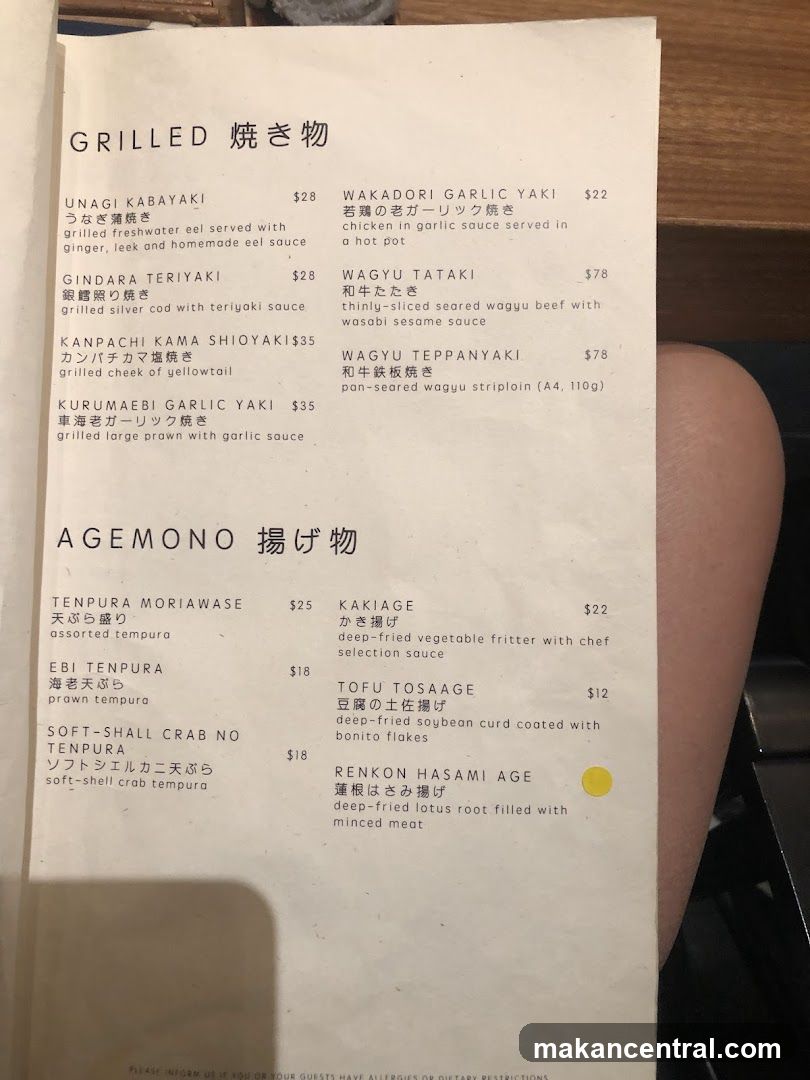 Grilled and Fried Items Menu