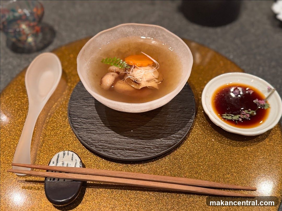 Soup with Garnish and Dipping Sauce