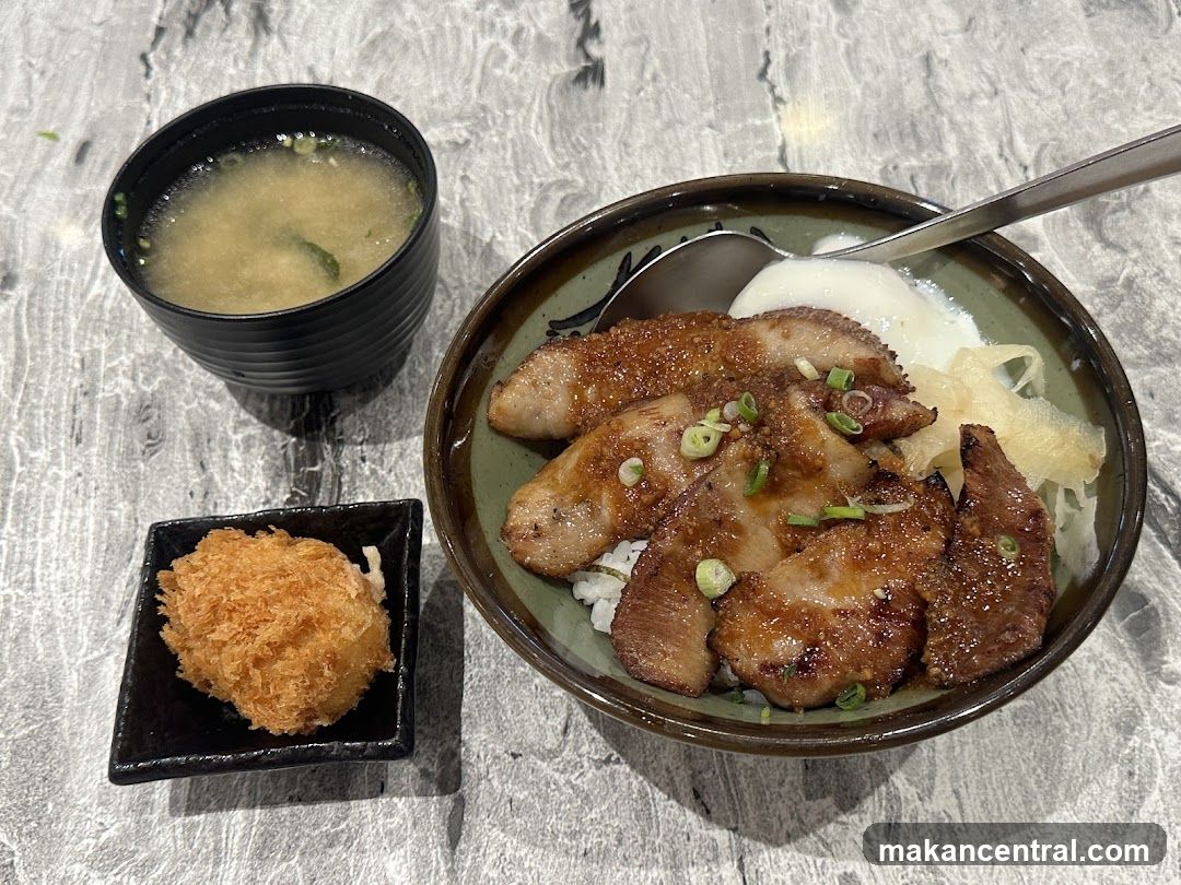Pork Donburi with Miso Soup and Side Dish