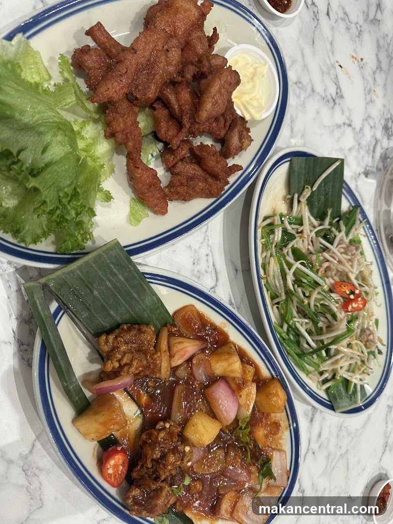 Three dishes on a marble table