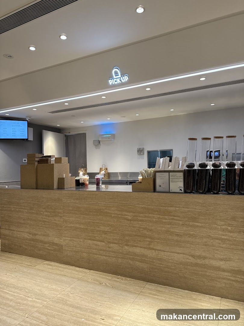 Coffee shop counter with pick-up sign