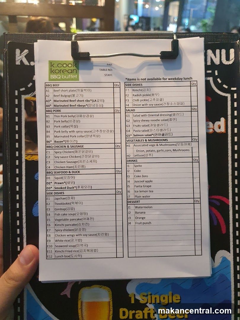K.cook Korean BBQ Buffet Menu