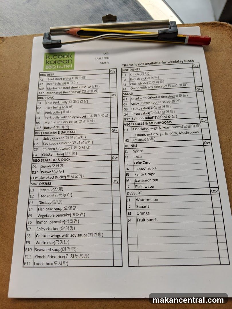 K. Cook Korean BBQ Buffet Menu