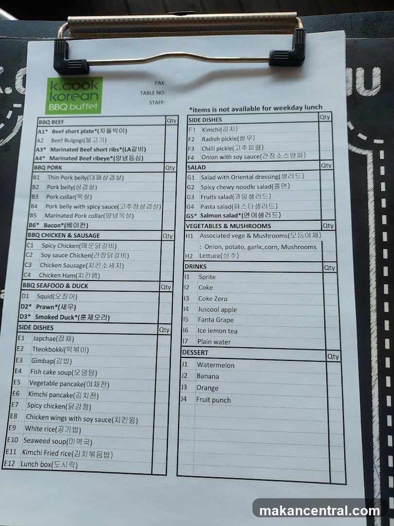 K. Cook Korean BBQ Buffet Menu