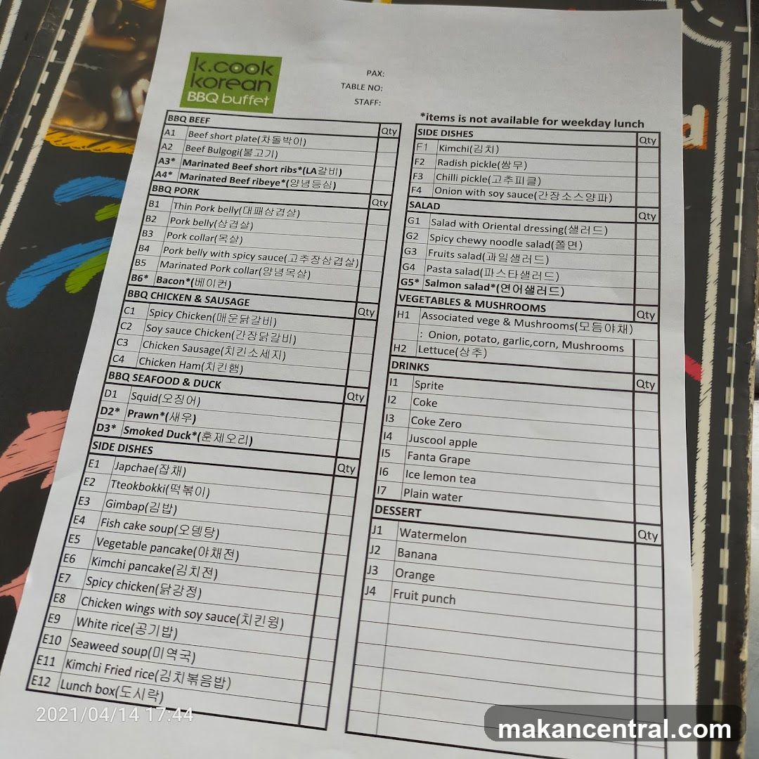 K.Cook Korean BBQ Buffet Menu