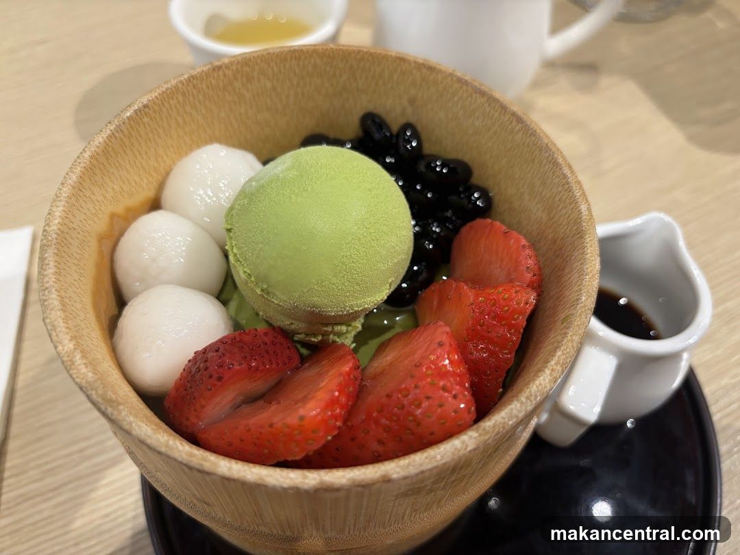 Matcha dessert with fruit and boba
