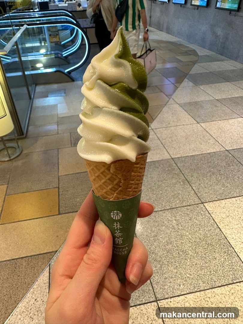 Matcha and Vanilla Soft Serve Ice Cream Cone