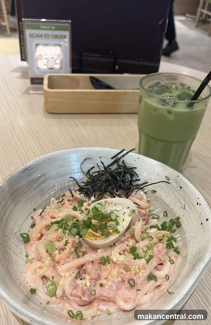 Creamy Udon with Egg and Matcha Drink