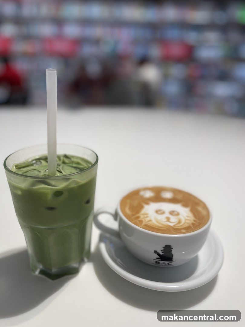 Iced Matcha Latte and Latte Art Coffee